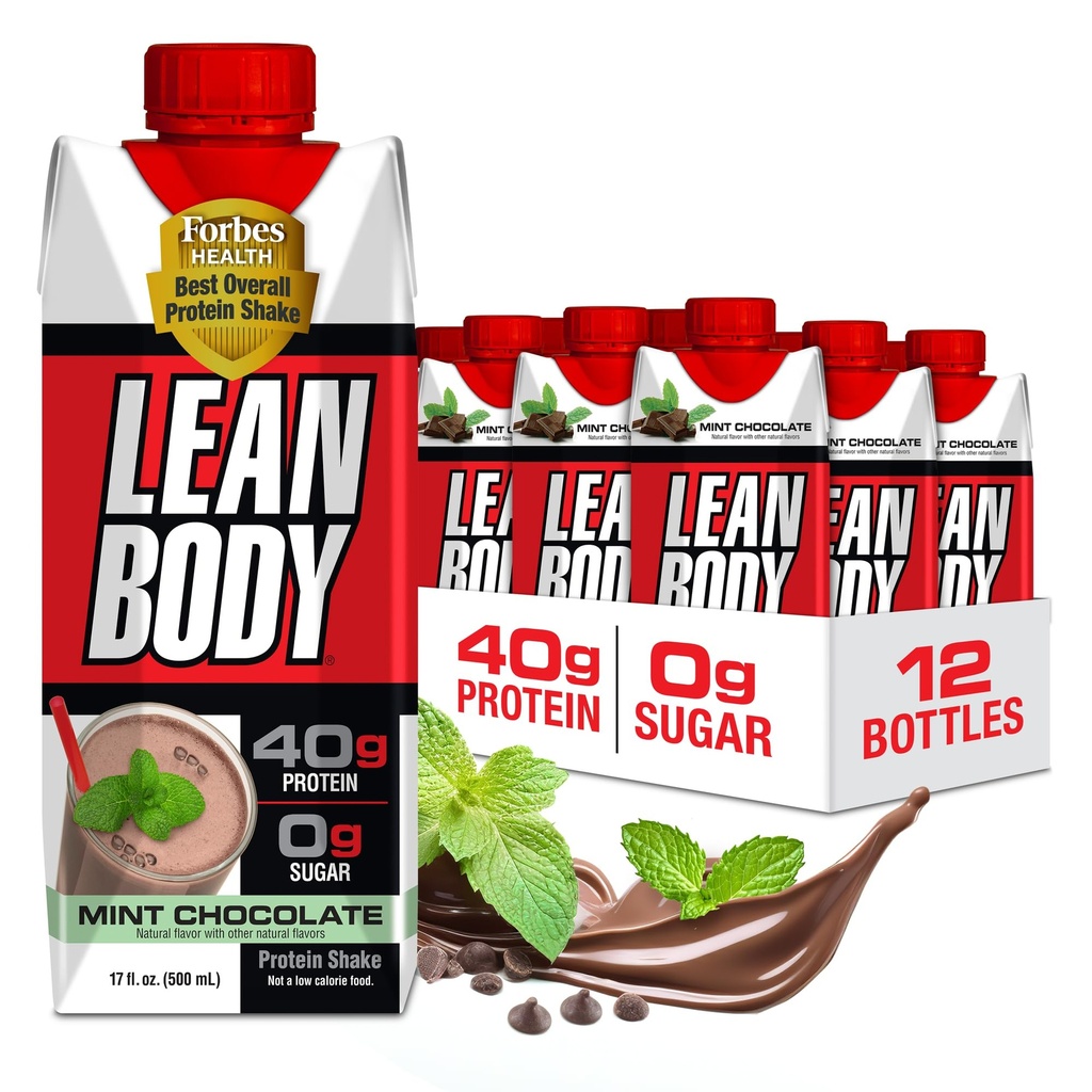 Labrada Lean Body Ready- to- Drink Mint Chocolate Protein Shake, 40g Protein, Whey Blend, 0 Sugar, Gluten Free, 22 Vitamin & Minerals, (Genanvendelige Carton & Lid - pakke med 12) LABRADA