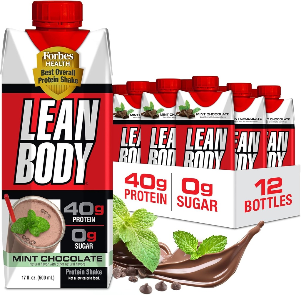 Labrada Lean Body Ready- to- Drink Mint Chocolate Protein Shake, 40g Protein, Whey Blend, 0 Sugar, Gluten Free, 22 Vitamin & Minerals, (Genanvendelige Carton & Lid - pakke med 12) LABRADA