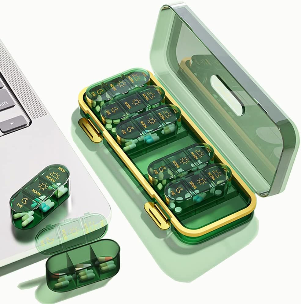 Ugentlig pilledispenser / Organizer, 3 gange en dag, 7 dages pilleboks / Container, Store Compartments Travel Fugt-Proof Medicine Case for Fish Oil Vitamin Pills (Transparent Green)