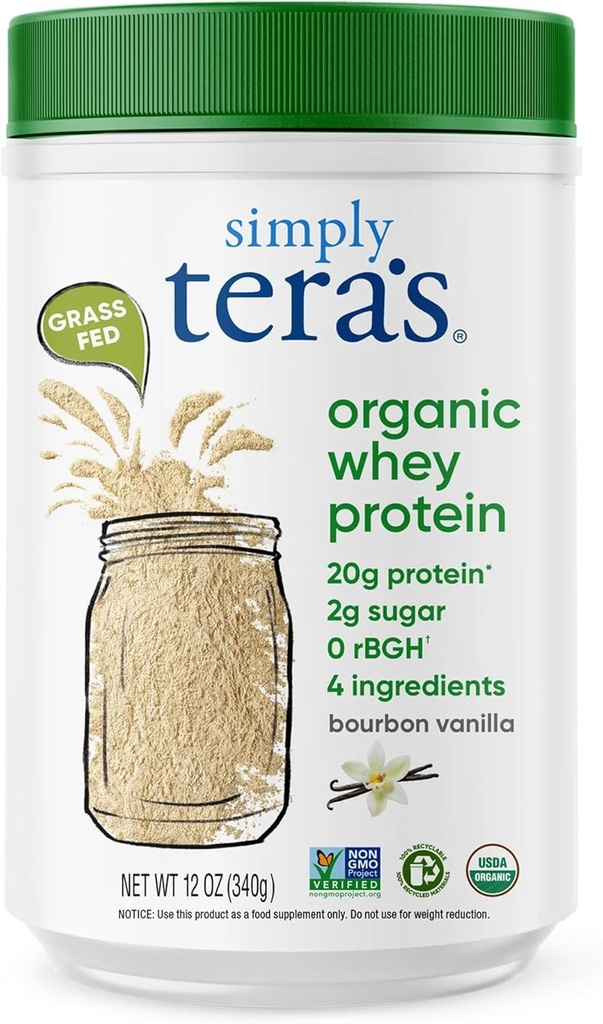 simpelthen tera 's Organic Whey Protein Powder - Græs Fed Vanilla Whey Protein Powder, Clean, Made without Kunstig Sweeteners, Non- GMO, Kosher, rBGH-Free, Organic - 12 Oz.
