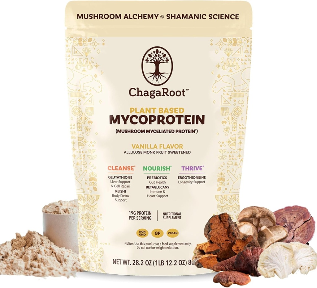 Mycoprotein Mushroom Protein Powder - Vegan Protein, Plant Based, Superfood, Master Blend of Chaga, Reishi, Tyrkiet Hale, Shiitake, Lions Mane - Vanilla (1,76 LB)