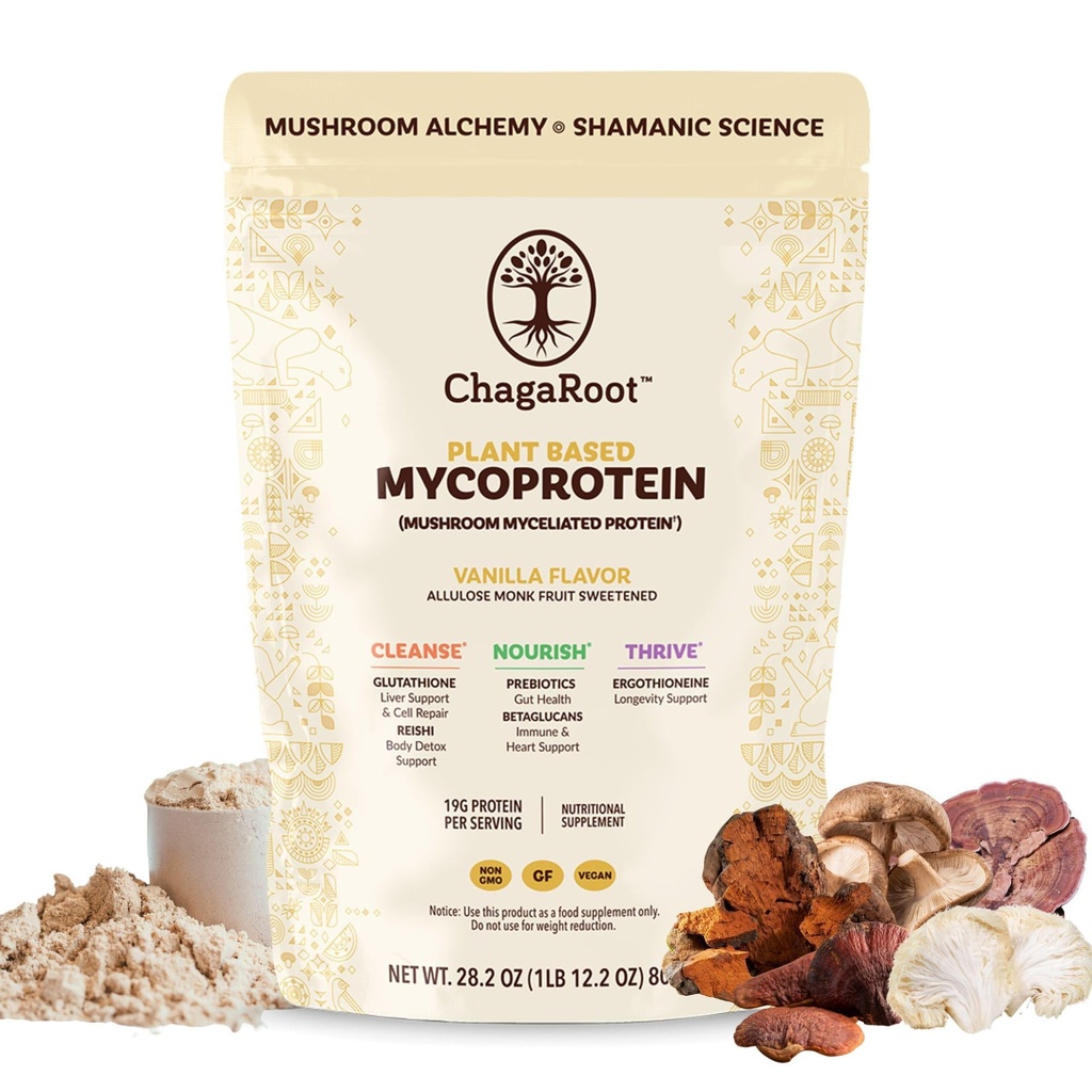 Mycoprotein Mushroom Protein Powder - Vegan Protein, Plant Based, Superfood, Master Blend of Chaga, Reishi, Tyrkiet Hale, Shiitake, Lions Mane - Vanilla (1,76 LB)
