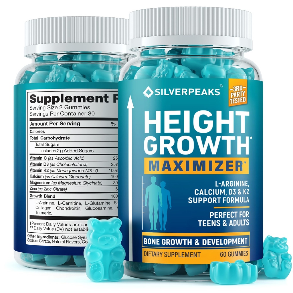 SILVERPEAKS Højdevækstgummier til børn, Teens & Voksne, Naturlig Vækst Support Supplement med Calcium, Vitamin D3, K2, Magnesium, Zink & Mere, Naturlig Højdevækstmaximizer Supplement, 60 PCS