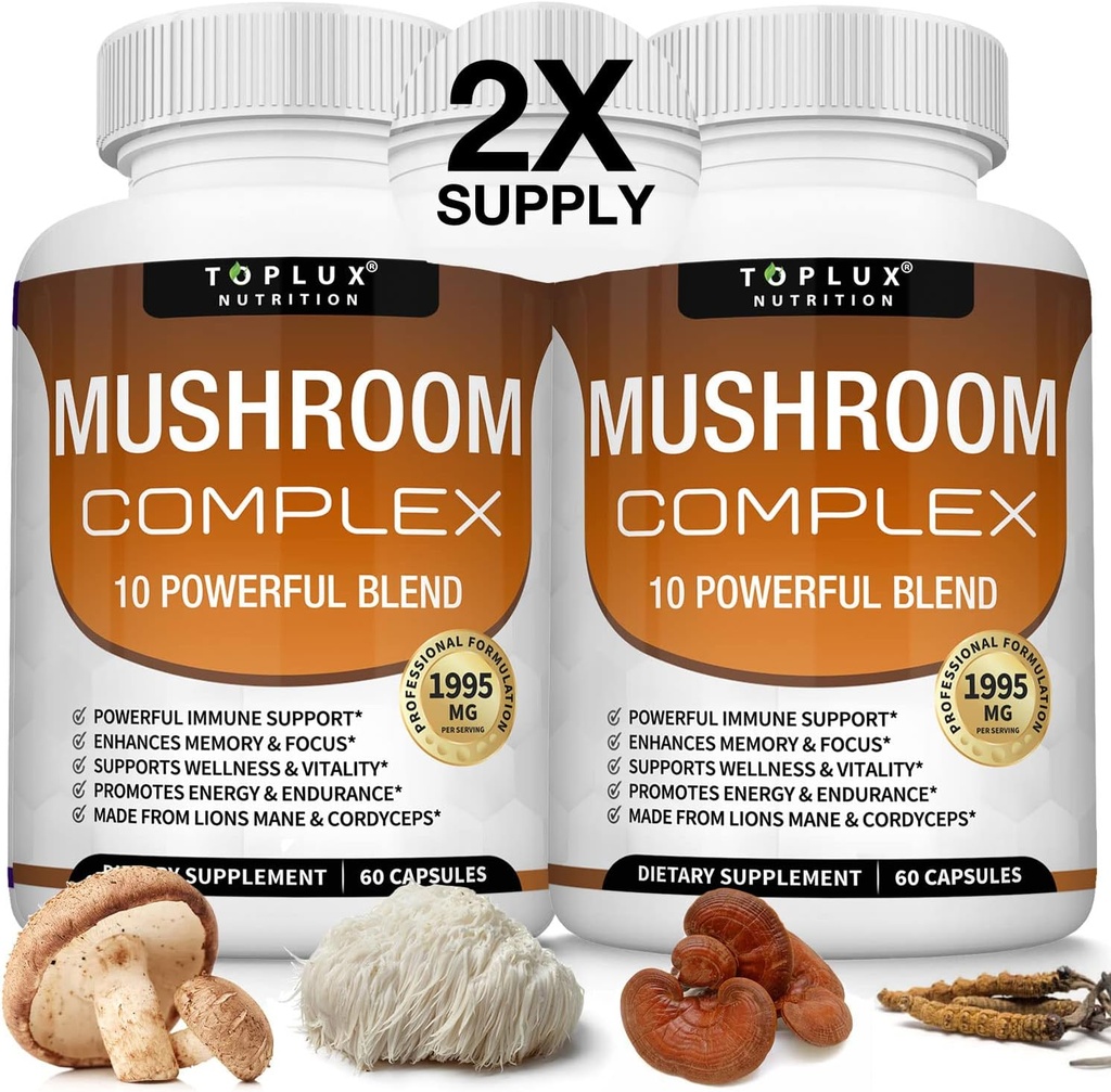 Toplux Mushroom Supplement Lions Mane & Cordyceps Reishi Chaga 10 Organic Mushroom Blend to Support Immunsystem, Hukommelse, Fokus & Klarhed og øge energi, for mænd kvinder, 60 Kapsler