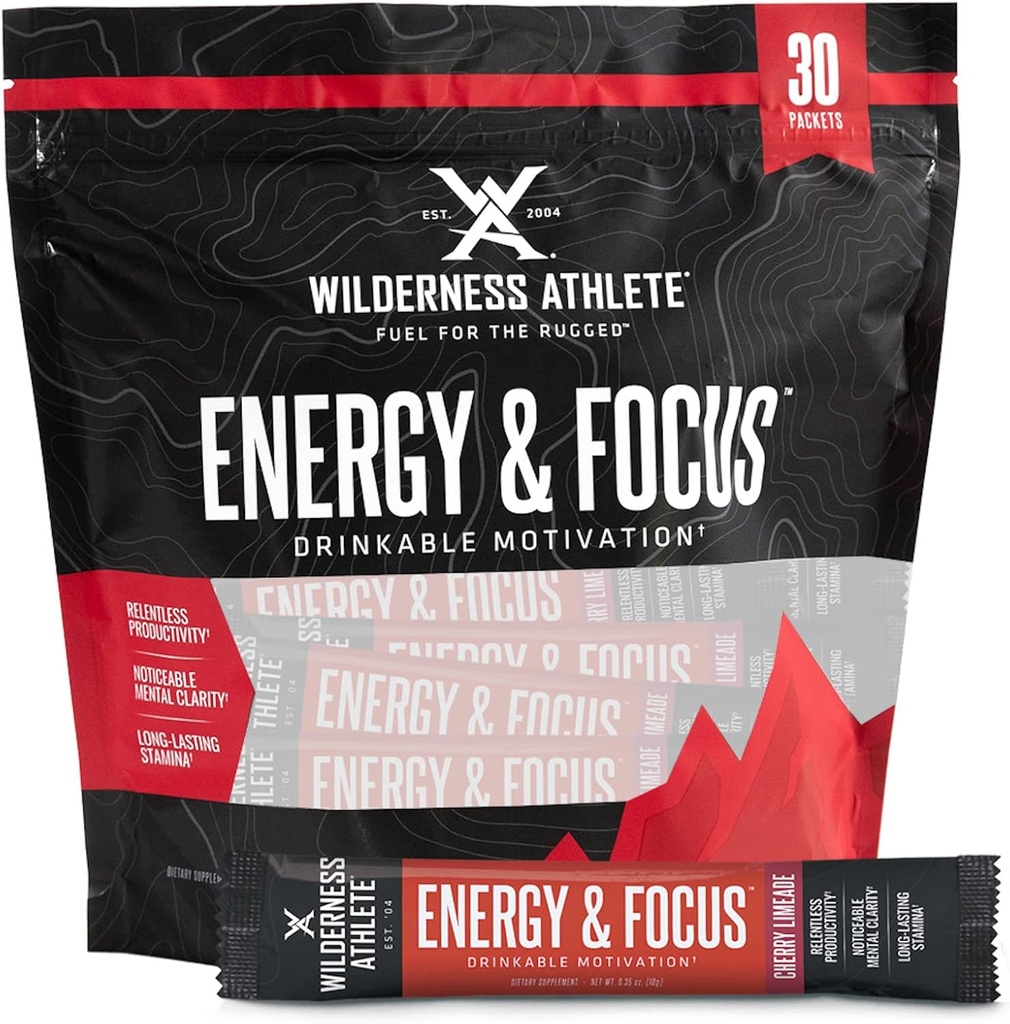 Wilderness Atlete - Energi & Fokus Buddy 124; Energi Booster for kvinder & mænd - Energy Drink Mix med naturlig koffein - Low- Carb, Zero Sugar Energy Drink Powder - 30 Servering Energy Drink Pakker (Cherry)