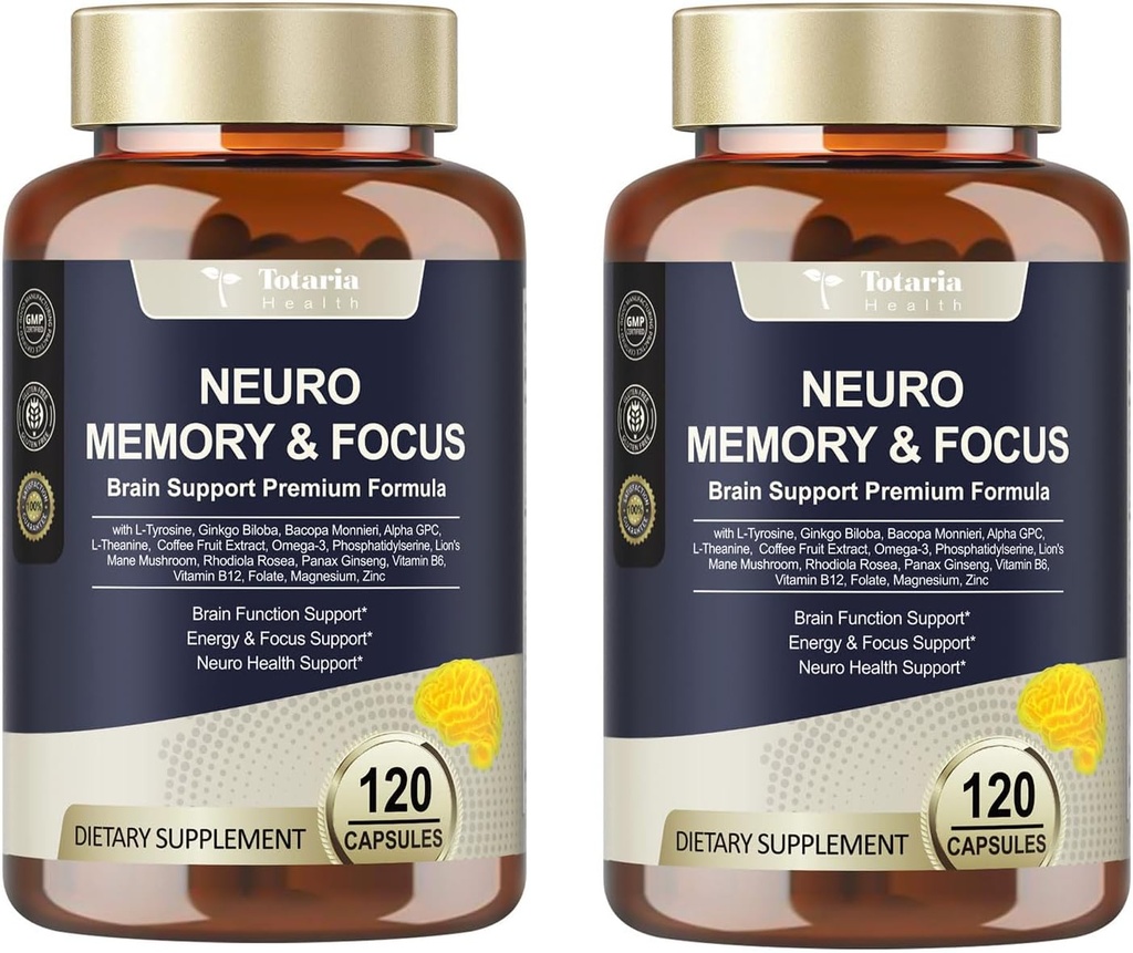 Totaria C- ognitive med koffein piller, L- Tyrosine, Alpha GPC, Ginkgo Biloba, Bacopa Monnieri Brain Supplement for Memory and Focus, Brain Nootrop Support - Non-GMO, Gluten Free (120 Counts)