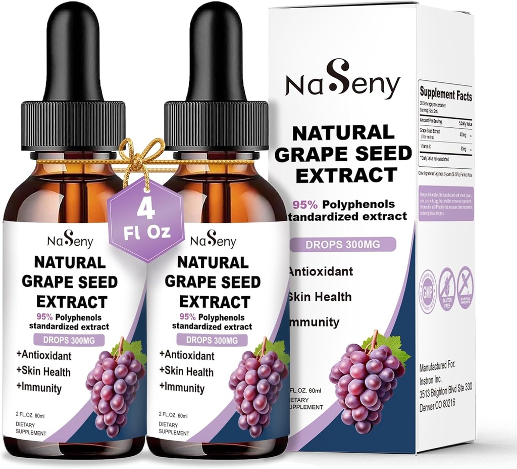 Grape Seed Extract Liquid Drops Standardiseret til 95% polyphenoler- 300 mg Grape Seed Maksimum Strength Standardized Tincture, High Absorption Liquid Vitis Vinifera Extract Drops -Non- GMO (2 flasker)