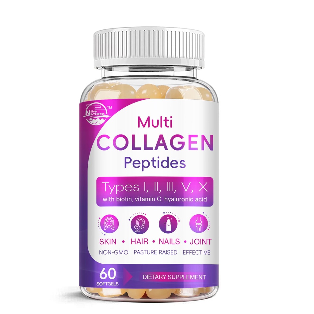 Multi Collagen Peptider Softgel - Type I, II, III, V, X - Hydrolyzed Collagen Peptider med Biotin, C-vitamin, Hyaluronsyre, Understøtter hud hårsøm, Grass- Fed, Non- GMO, 60 Softgel, 1 pakke