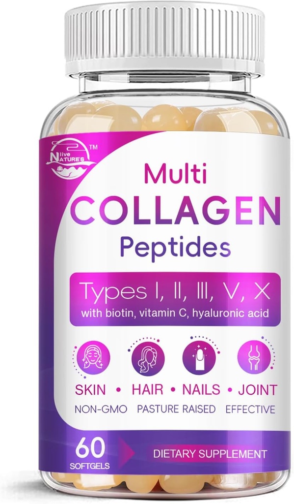 Multi Collagen Peptider Softgel - Type I, II, III, V, X - Hydrolyzed Collagen Peptider med Biotin, C-vitamin, Hyaluronsyre, Understøtter hud hårsøm, Grass- Fed, Non- GMO, 60 Softgel, 1 pakke