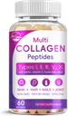 Multi Collagen Peptider Softgel - Type I, II, III, V, X - Hydrolyzed Collagen Peptider med Biotin, C-vitamin, Hyaluronsyre, Understøtter hud hårsøm, Grass- Fed, Non- GMO, 60 Softgel, 1 pakke