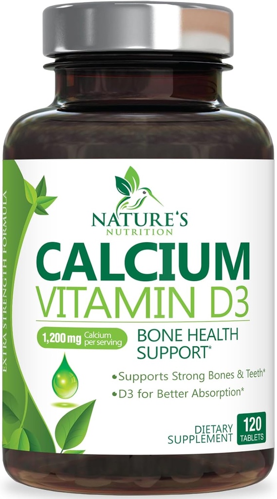 Calcium Supplement 1200 mg - with Vitamin D3 for Best Absorption - Supports Immune Health, Bones & Teeth - Nature's Calcium Carbonate + 1600 IU of D3 - Bottled in USA for Women & Men - 120 Tablets