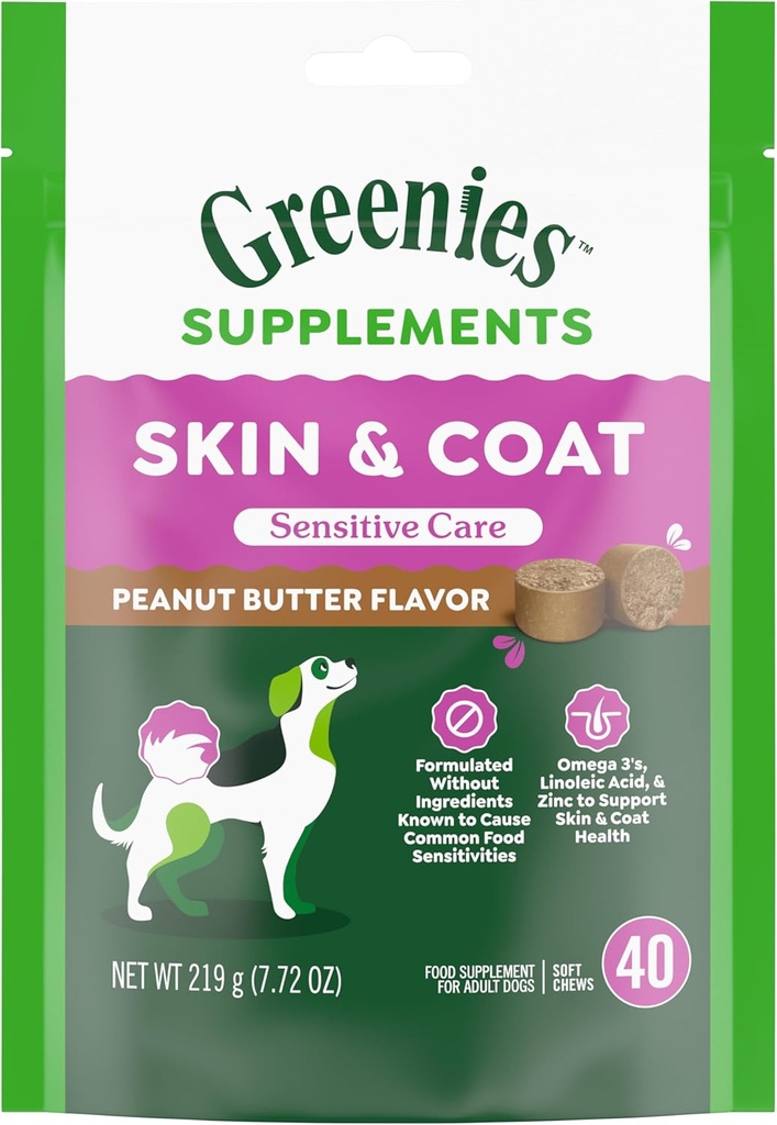 Greenies Følsomme pleje Hud og Coat supplement til hunde med fisk olie til hunde kylling-fri formel hund supplement, Peanut Butter Flavor, 40- Greve bløde tygger