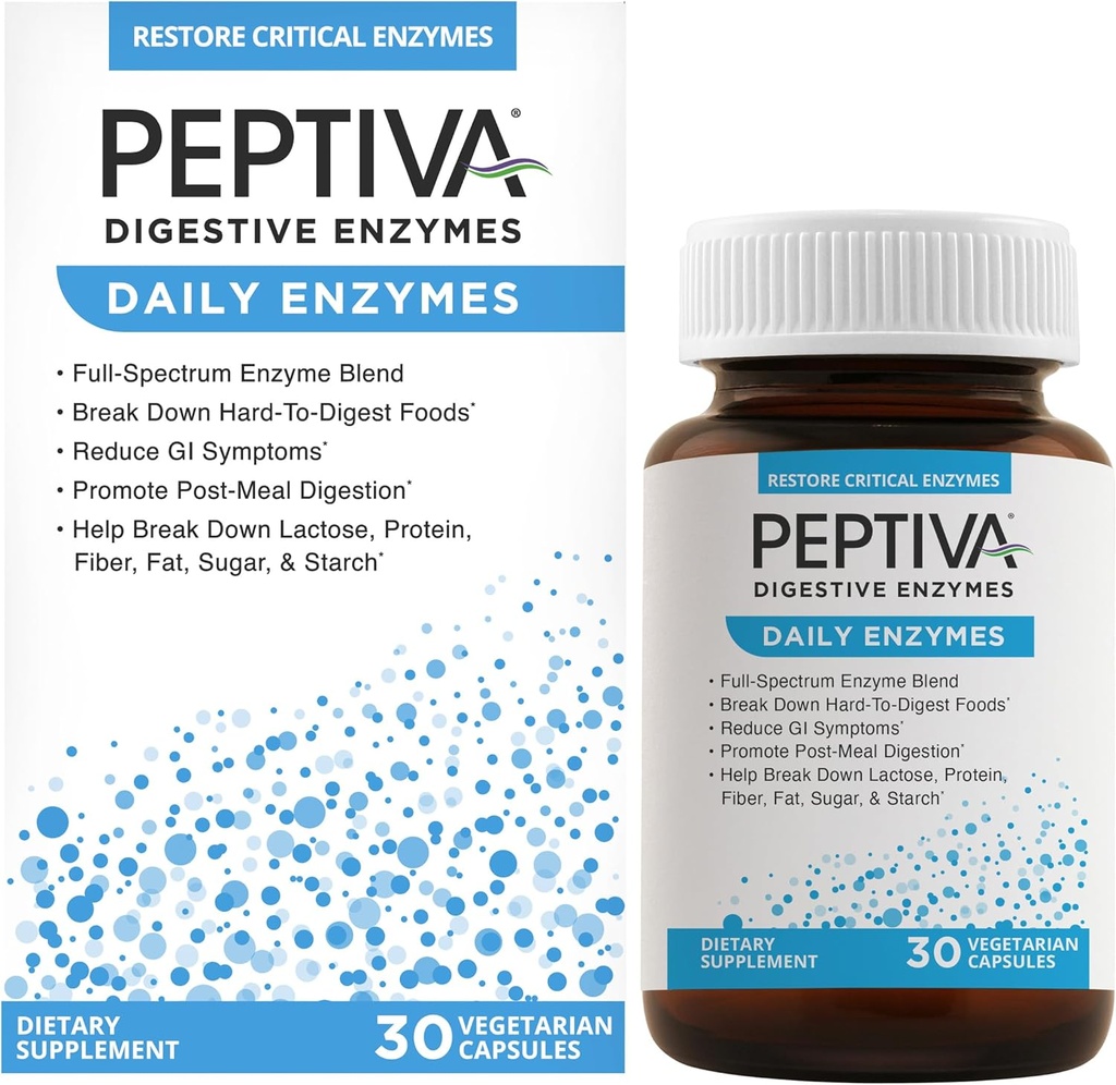 Peptiva Daglige fordøjelsesenzymer, Full- Spectrum, Daglige fordøjelsessygdomme, Understøtter Break- Down of Foods & Post- Meal fordøjelse, 30ct