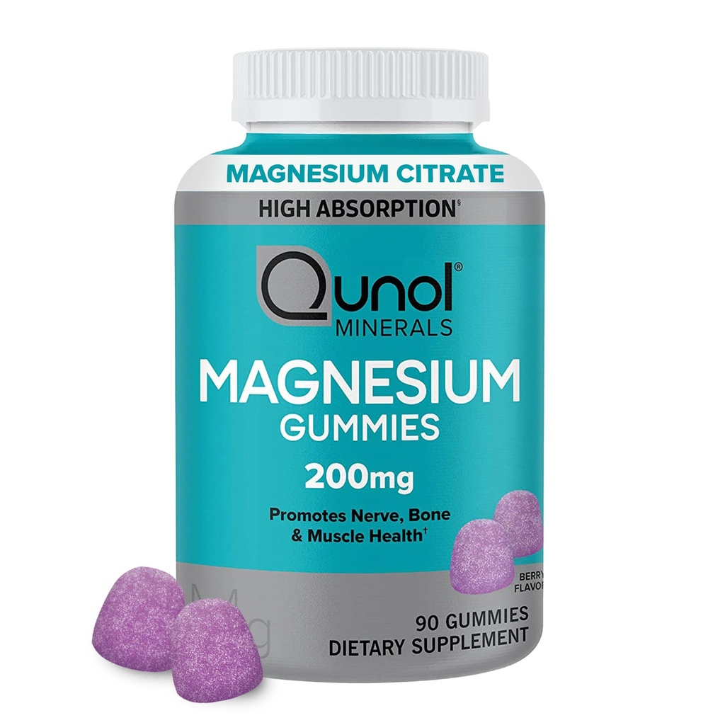 Qunol Magnesium Gummies for voksne, 200mg Elemental Magnesium (fra 1. 750mg Magnesium Citrate), High Absorption Magnesium Supplement, Understøtter Nerve, Knogler og Muskelsundhed, Vegetar, 90 Greve