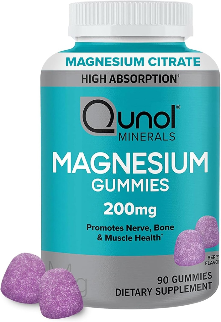 Qunol Magnesium Gummies for voksne, 200mg Elemental Magnesium (fra 1. 750mg Magnesium Citrate), High Absorption Magnesium Supplement, Understøtter Nerve, Knogler og Muskelsundhed, Vegetar, 90 Greve