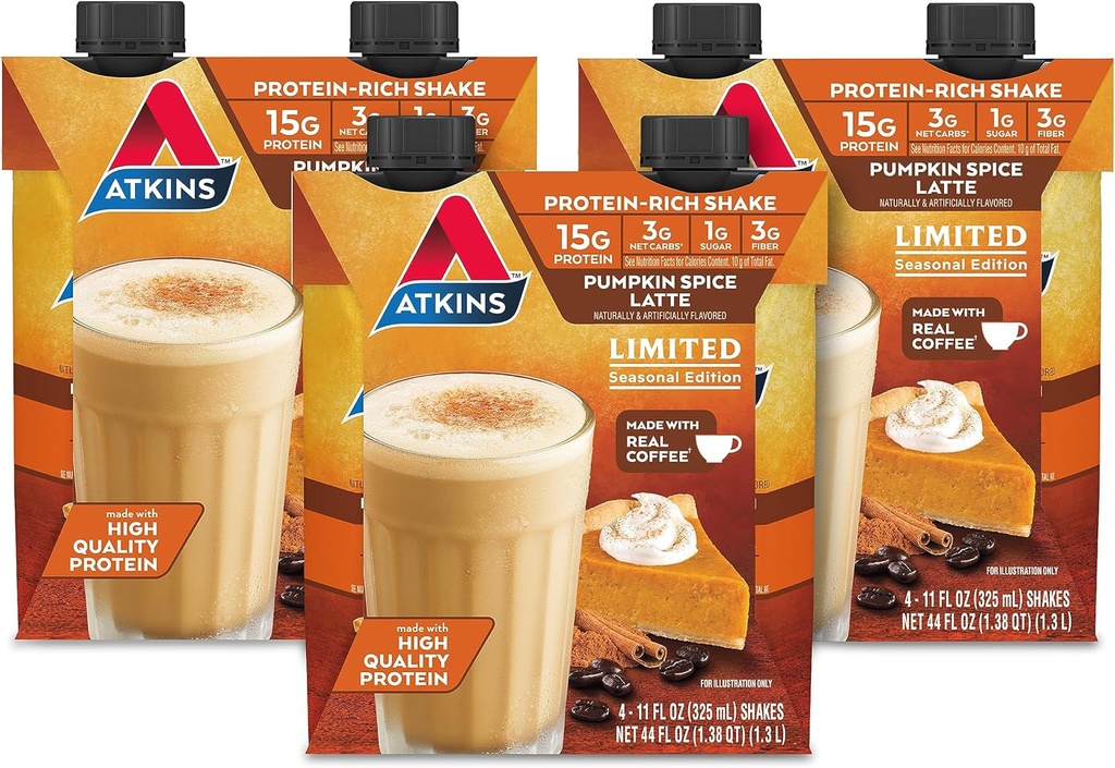 Atkins Pumpkin Spice Latte, 15g Protein, 3g Net Carbs, 1g Sukker, Lav Glycemisk, Keto Friendly, 12 Greve