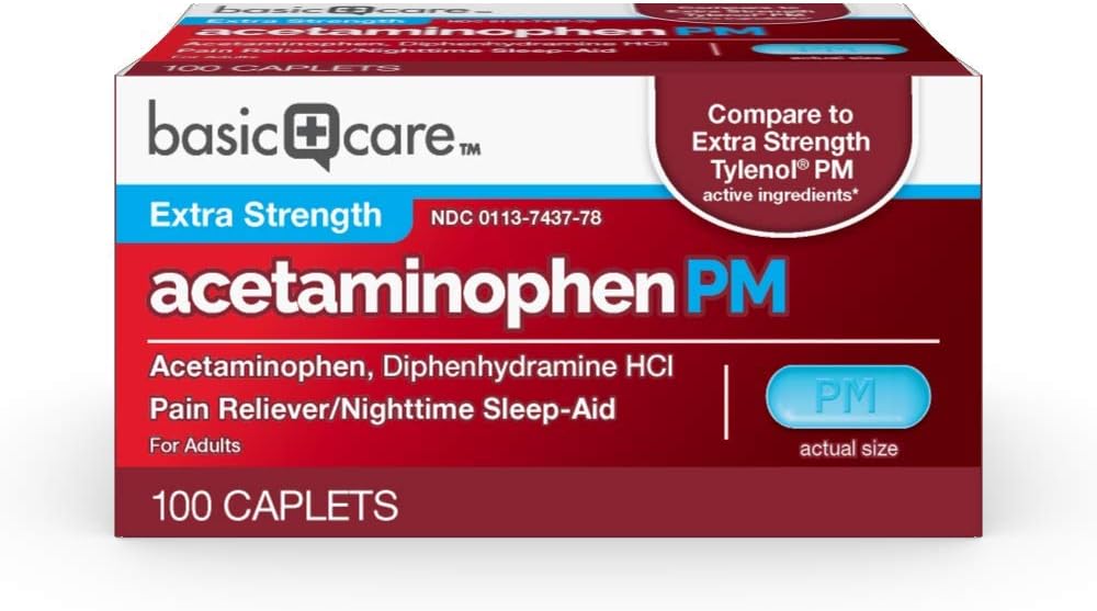   Basic Care Acetaminophen PM, Pain Reliever Plus Nighttime Sleep Aid Caplet, 100 Count