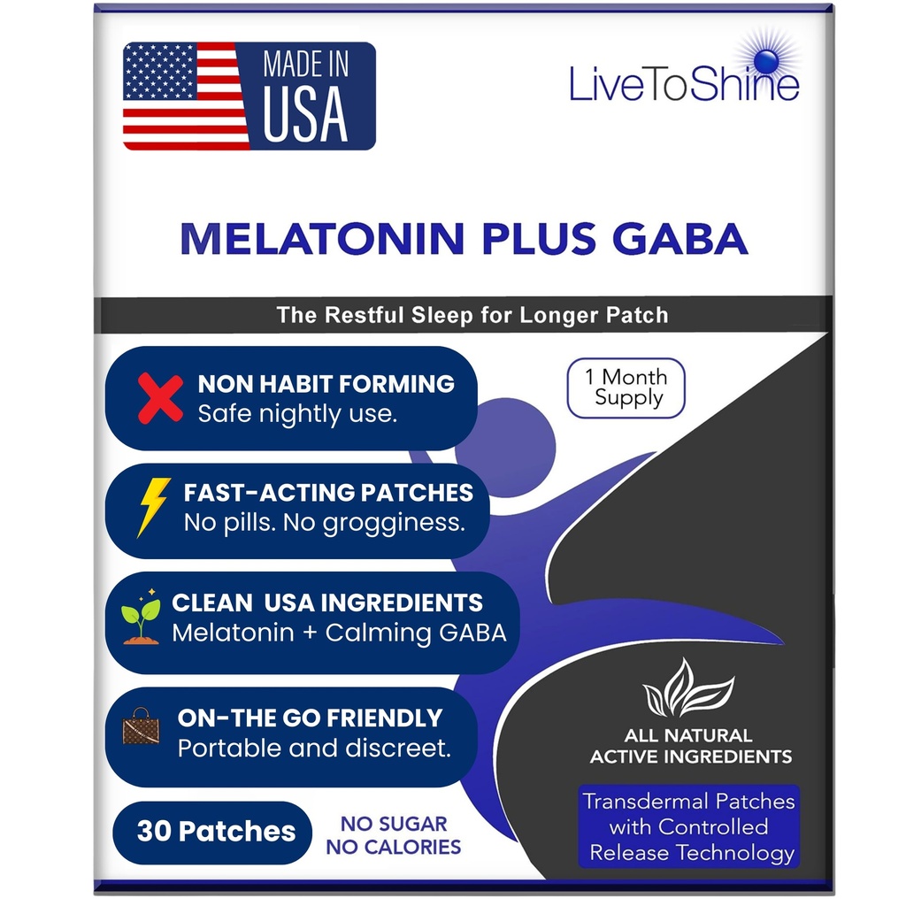 Live til Shine Melatonin Patches for Sleep - Plus GABA til at berolige travle hjerner hurtigt - Perfekt Combo for mænd og kvinder - langsom udgivelse - 30 Patches - USA Made