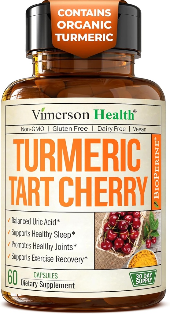 Gurkemeje Curcumin Supplement med 10: 1 Tart Cherry Extract & Selleri Seed Extract - Natural Uric Acid Balance, Fælles Sundhed & Sovestøtte - Gurkemeje Curcumin med sort peber. 60 Tart Cherry Kapsler