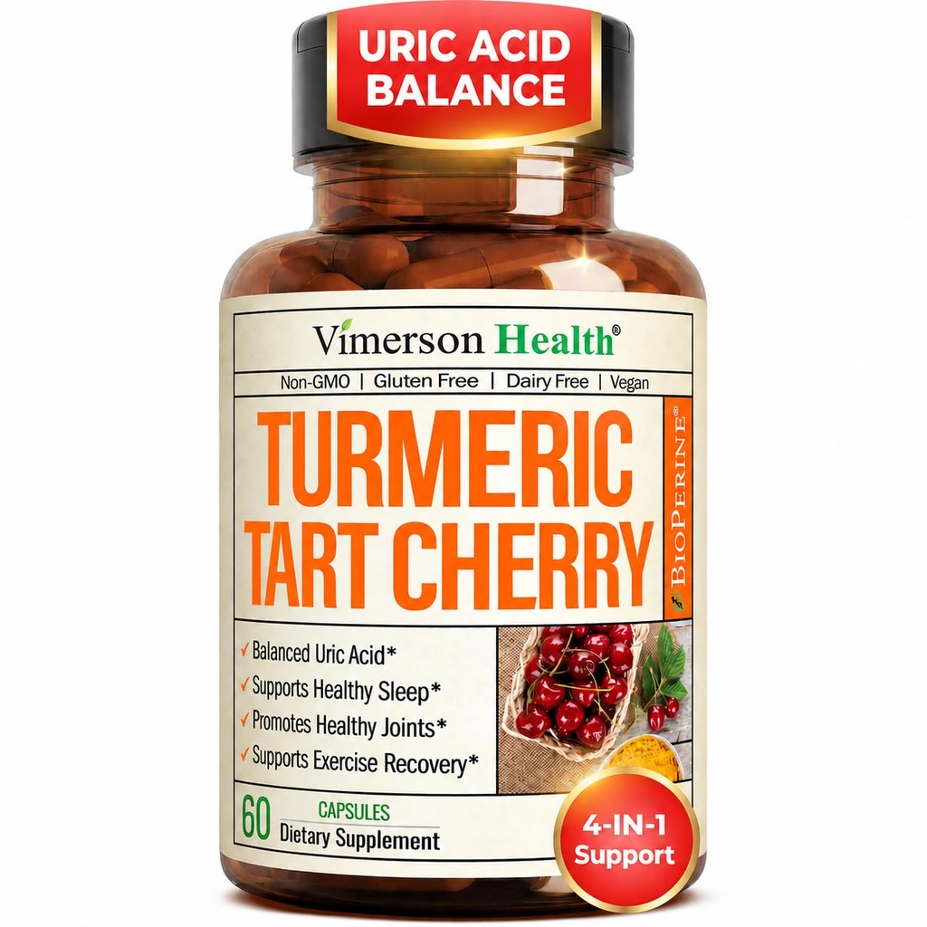 Gurkemeje Curcumin Supplement med 10: 1 Tart Cherry Extract & Selleri Seed Extract - Natural Uric Acid Balance, Fælles Sundhed & Sovestøtte - Gurkemeje Curcumin med sort peber. 60 Tart Cherry Kapsler