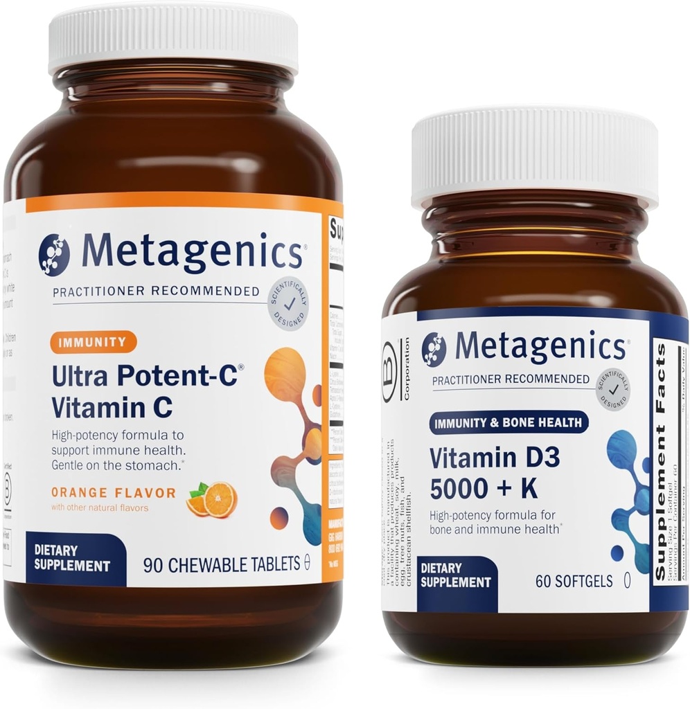Metagenics Bundle - Ultra Potent- C Chewable & D3 5.000 + K - 90 tabletter Ultra Potent- C Chewable for Immunum & Antioxidant Support - 60 Softgels of D3 5.000 + K for Immunum, Heart & Bone Health