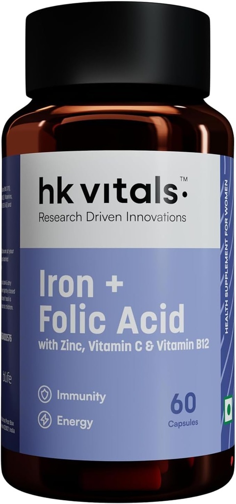 Forskning Driven Innovationer Jern + folinsyre med zink, C-vitamin & vitamin B12 supplement (60 kapsler)