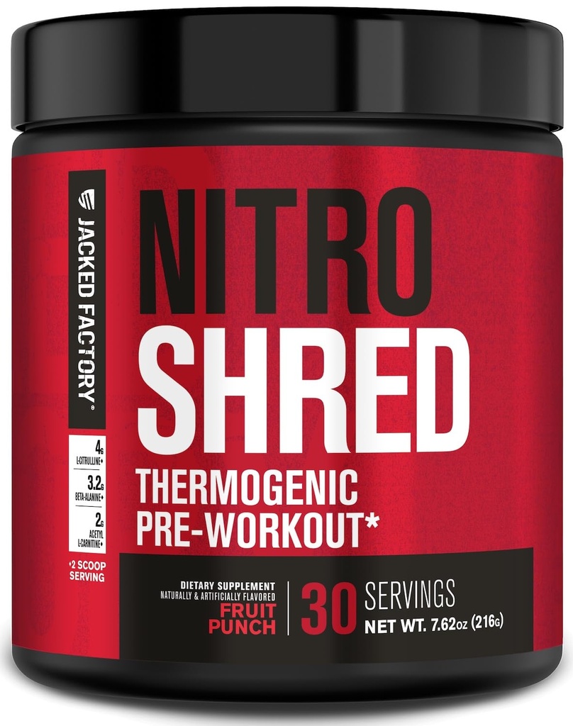 Jacked Factory NITROSURGE Shred Pre Workout Supplement - Energy Booster, Instant Strength Gains, Sharp Focus, kraftfulde pumper - Nitrooxide Booster & PreWorkout Powder - 30Sv, Fruit Punch