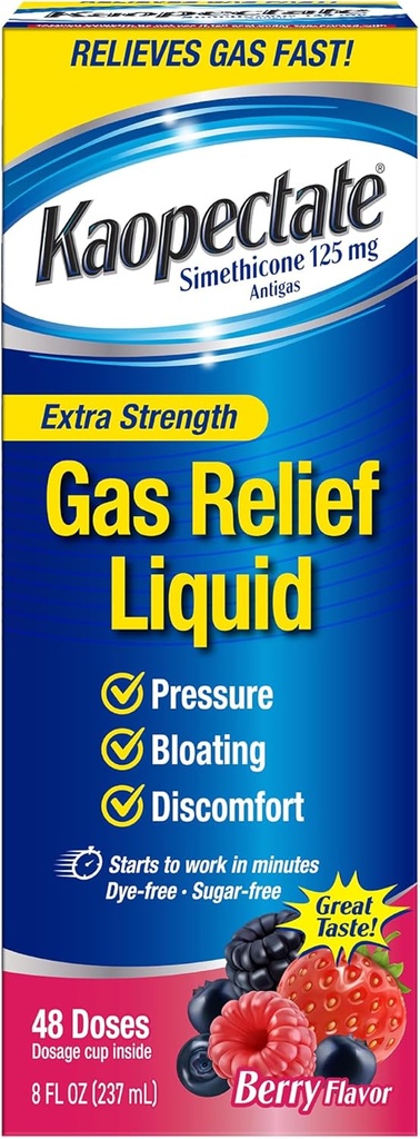 Kaopectate Extra Strength Gas Relief Liquid, Mixed Berry Flavor, Relieves Gas, Bloating and Pressure, Simethicone 125 mg, 8 oz