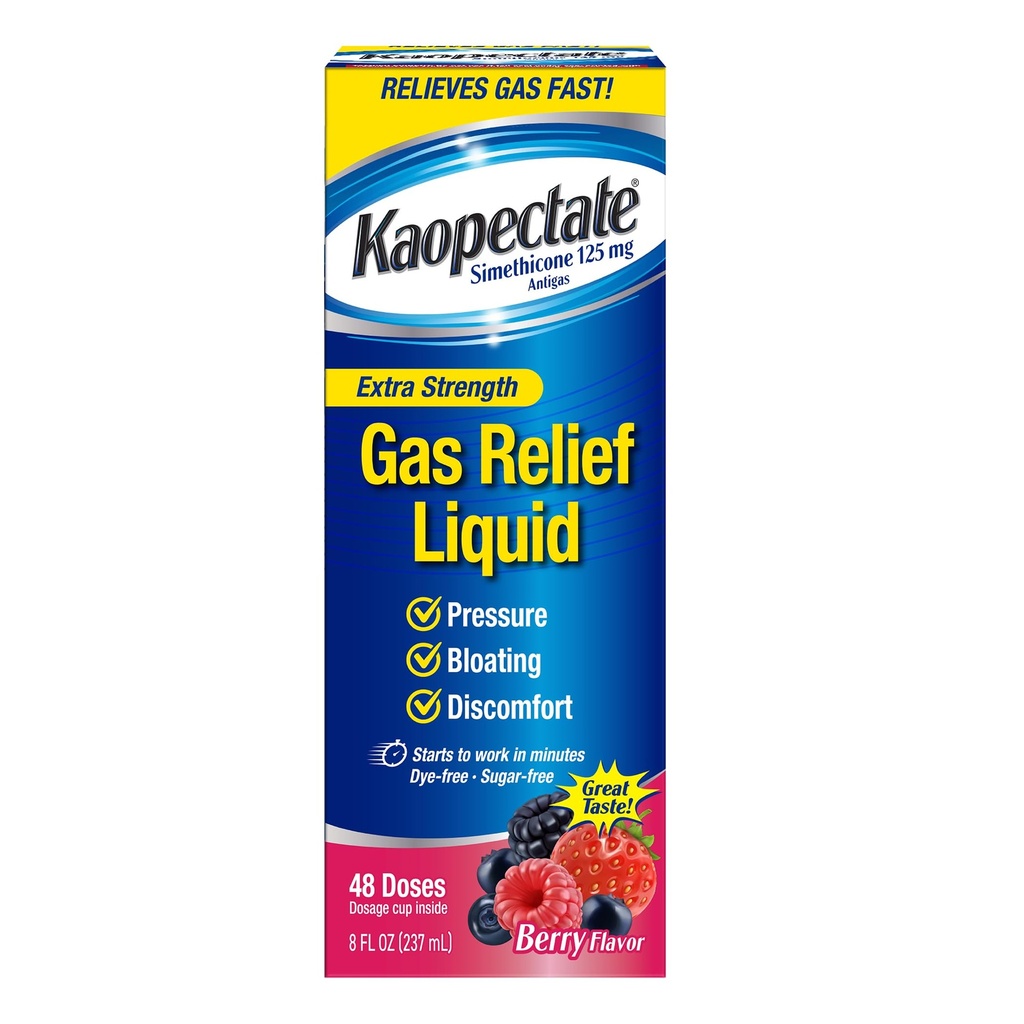 Kaopectate Extra Strength Gas Relief Liquid, Mixed Berry Flavor, Relieves Gas, Bloating and Pressure, Simeticone 125 mg, 8 oz