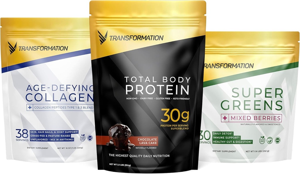 Transformation Chocolate Protein Powder 124; 30G Multi- Protein Superblend + Grass- Fed Hydrolyzed Collagen Peptider Powder- Hår, Hud, Nails + Organic Super Green Superfood Powder- Immun & Energy Support