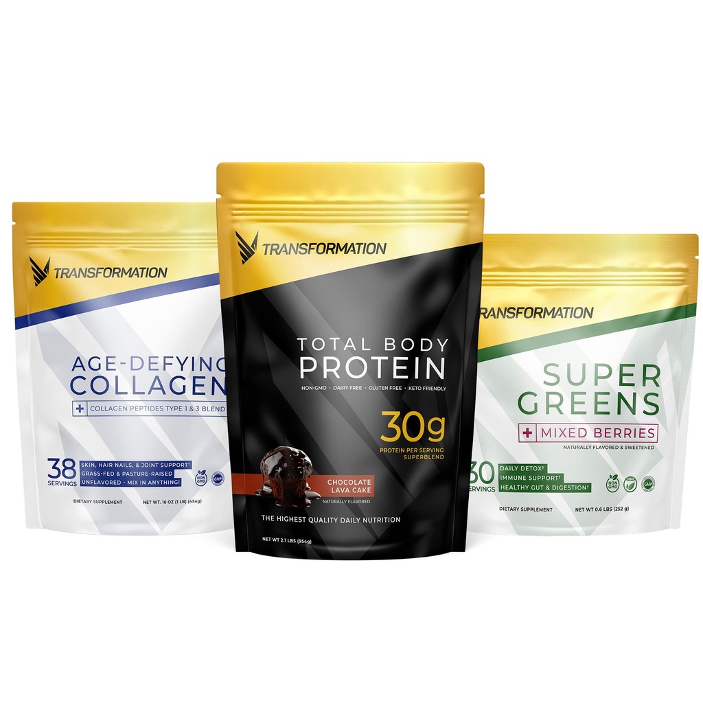 Transformation Chocolate Protein Powder 124; 30G Multi- Protein Superblend + Grass- Fed Hydrolyzed Collagen Peptider Powder- Hår, Hud, Nails + Organic Super Green Superfood Powder- Immun & Energy Support
