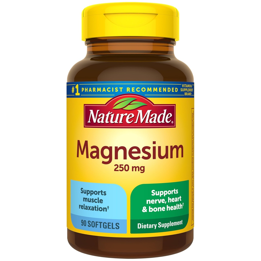 Nature Made Magnesium 250 mg, Magnesium Kosttilskud til mænd og kvinder, Støtte til muskel, hjerte, ben og nerve sundhed, 90 Softgels, 90 Day Supply