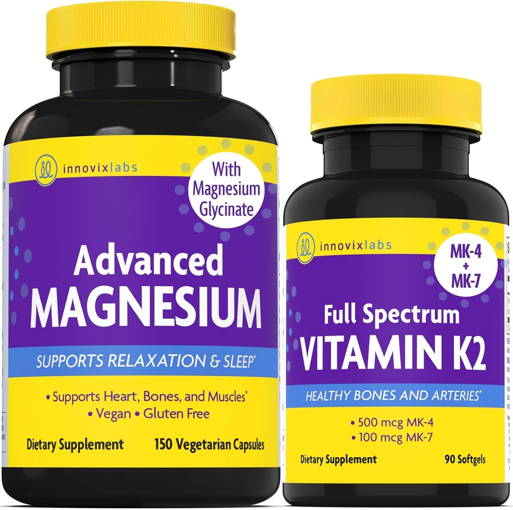 InnovixLabs Vitamin K2 & Magnesium Bundle Fuld Spectrum Vitamin K2 (90 softels) Advanced Magnesium (150 tids- release kapsler). Understøtter sunde knogler og arterier. *