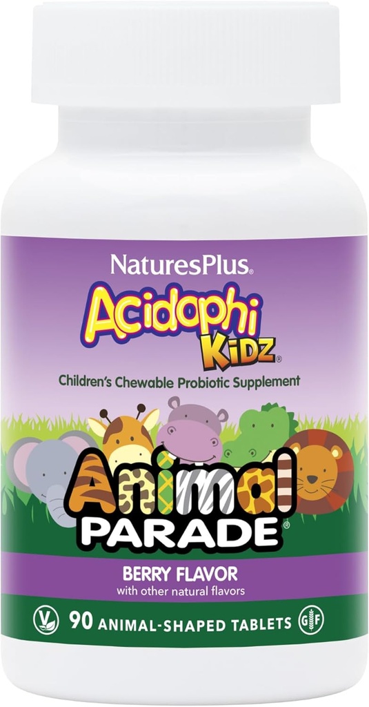 NaturePlus Animal Parade AcidophiKidz, Berry Flavor - 90 Chewable, Animal- Shaped Tablets - med Probiotika, FOS & Grape Seed - 90 Total Servering