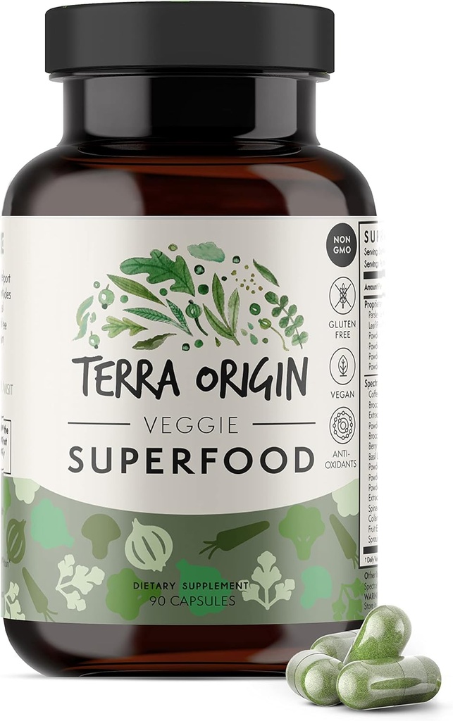 TERRA OPRININ Veggie Superfood Supplement: 124; 90 Veggie Kapsler: 124; Non GMO, Gluten Free, Vegan, og Lavet i USA
