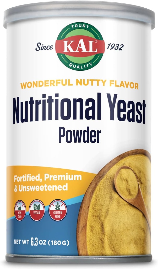 KAL Nutritional Gær Pulver, Forstærket med B6, B12, Folinsyre og andre B-vitaminer, Premium og usødet, Great Nutty Flavor, Vegan, Gluten Free, Non-GMO, 60-Day Garanti, 20 Servere, 6.3oz