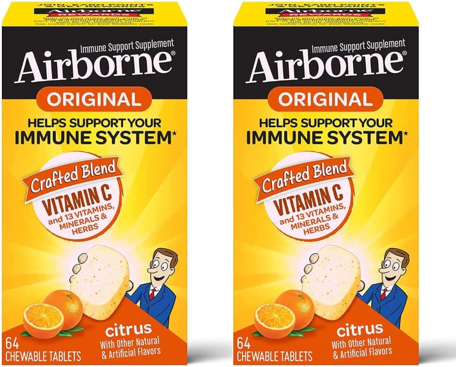 Airborne C-vitamin 1000mg (per servering) - Citrus Chewable Tablets (64ct / Box), Gluten- Free immunsupport Supplement, Vitaminer A C E, ZINC, Selenium, Echinacea, Ingefær, Antioxidanter (2- Pack)