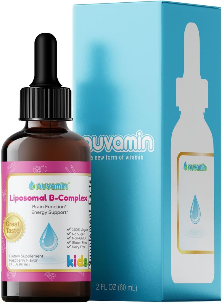 Nuvamin - Flydende Liposomal B- Complex dråber til børn Baby Toddlers & voksne, 2Fl.Oz (60ml), 120 Daglig servering. B1, B2, B3, B5, B6, B7, B9, B12. Stor smag - Natural - Høj Absorption, Raspberry Flavor