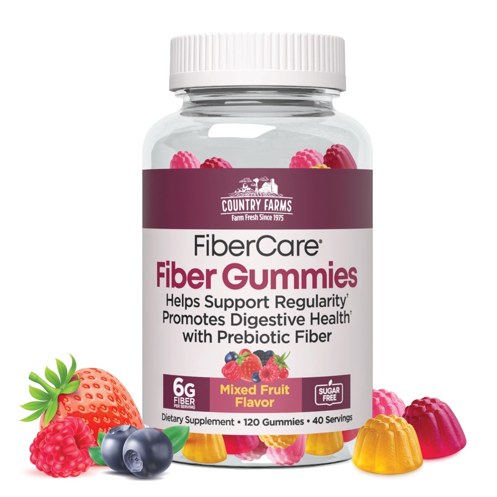 Country Farms Fiber Care Prebiotic Gummies, 6g Fiber Per Servering, GLP-1 Booster, FOS fra Beets, fordøjelsessygdomme, Understøtter Regularitet, blandet frugt flavor, 120 Gummies, 40 Servere
