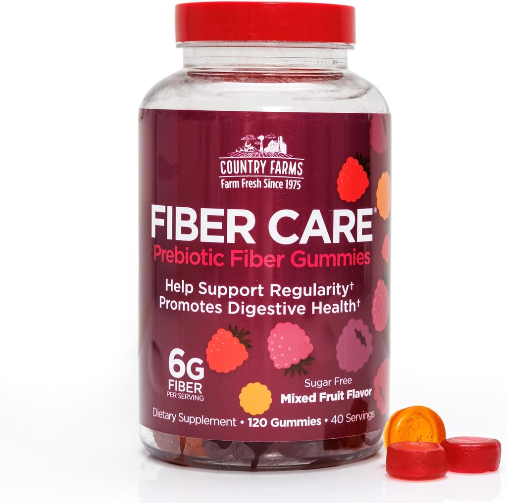 Country Farms Fiber Care Prebiotic Gummies, 6g Fiber Per Servering, GLP-1 Booster, FOS fra Beets, fordøjelsessygdomme, Understøtter Regularitet, blandet frugt flavor, 120 Gummies, 40 Servere