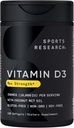 Sportsforskning 10.000 iu D3-vitamin tillæg med organisk kokos olie - D-vitamin til stærke knogler og immunforsvar - understøtter Calcium Absorption - Non- GMO - 250mcg, 120 Mini Softgels for voksne