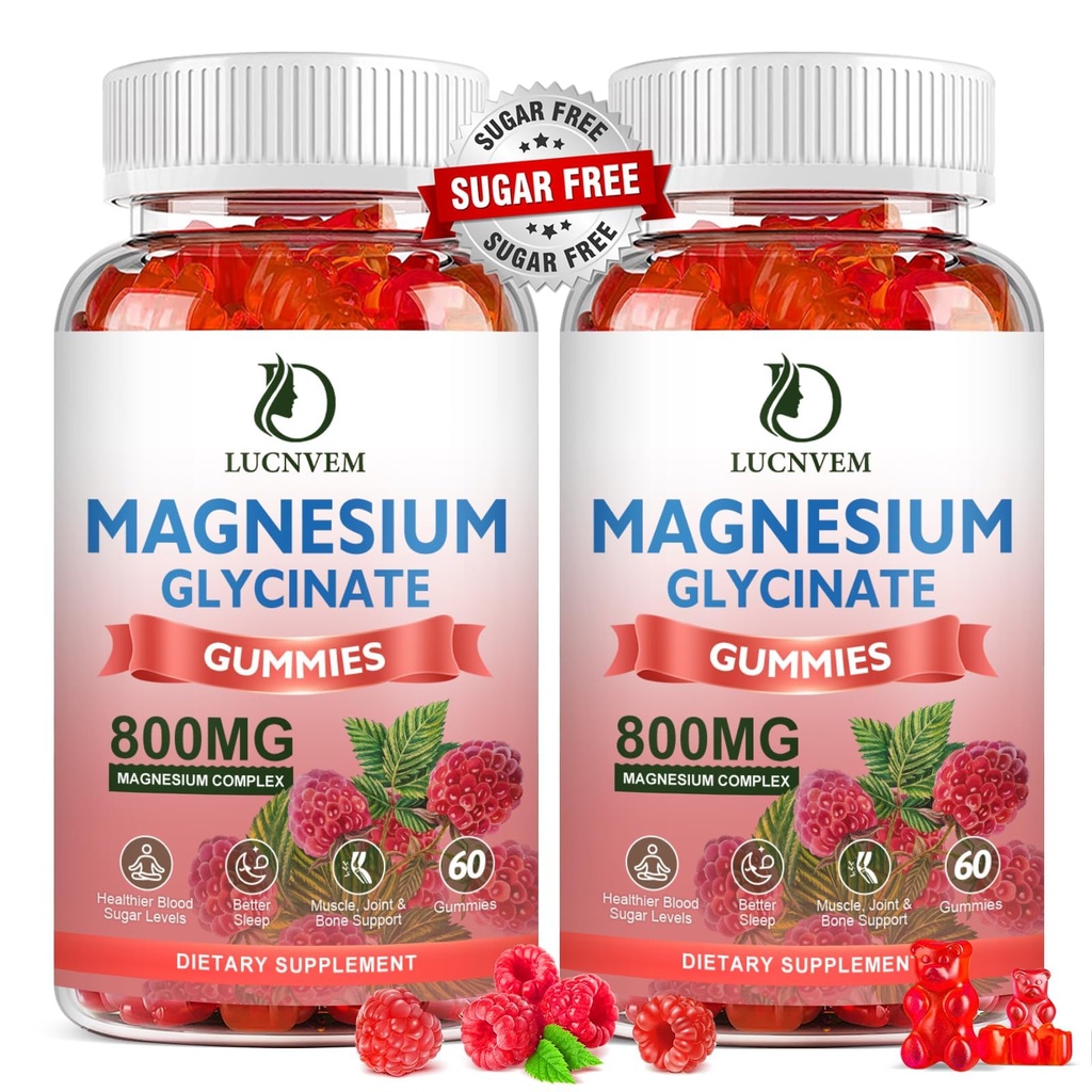 (2 Pack Sugar Free Magnesium Glycinate Gummies, 500mg Magnesium Glycinate med 200 mg Magnesium Malat, Taurat, Oxide, COQ10, vitamin B6 og D3, Sleep & Calm Support, 120 Hindbær Gummies