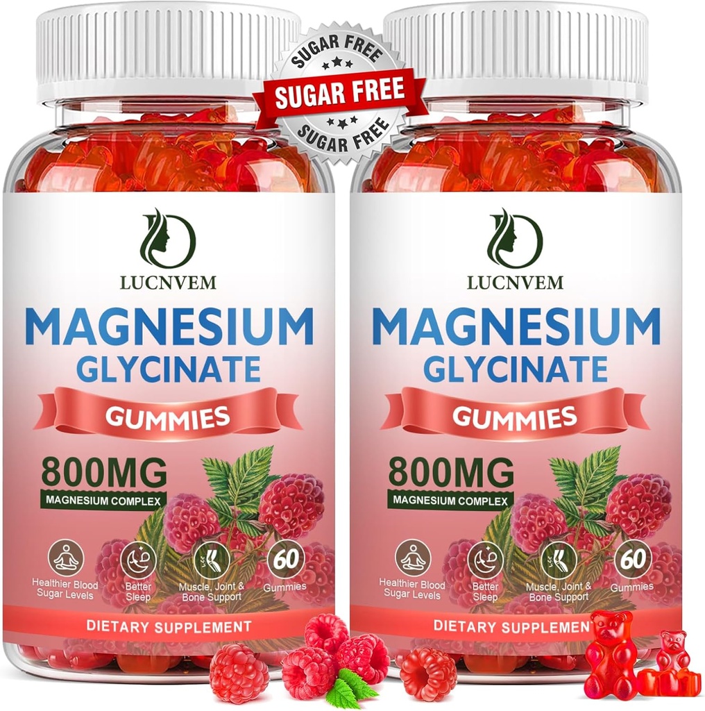 (2 Pack Sugar Free Magnesium Glycinate Gummies, 500mg Magnesium Glycinate med 200 mg Magnesium Malat, Taurat, Oxide, COQ10, vitamin B6 og D3, Sleep & Calm Support, 120 Hindbær Gummies