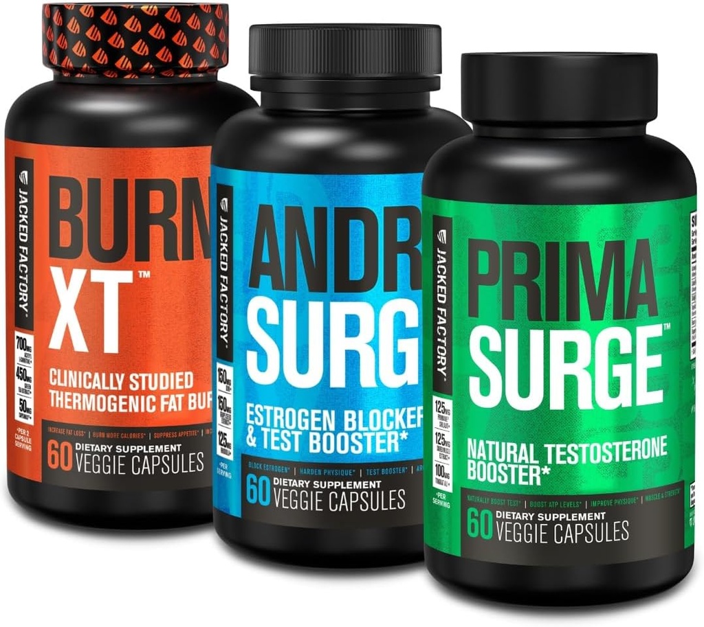 Jacked Factory Androvse Østrogen Blocker til mænd + Primasug Testosteron Booster til mænd + Burn XT Burn- XT Termogen Fat Burner - Appetit Suppressant til vægttab