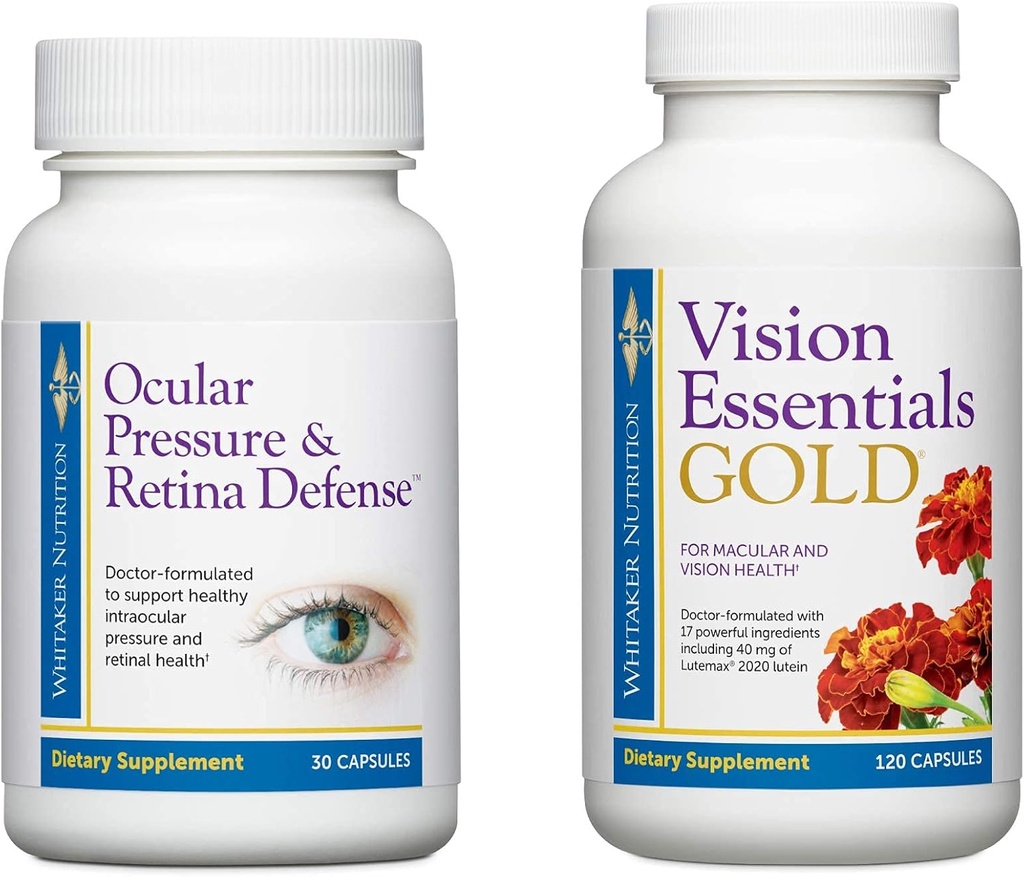 Premium Eye Health Bundle omfatter Vision Essentials Gold, med 40 Mg Lutein, for sund visuel funktion og Okulært tryk & Retina forsvar til støtte sund intraokulært tryk niveauer