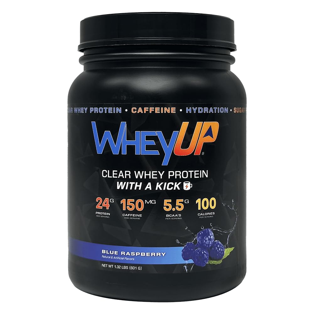 WheyUP Clear Whey Isolate Protein Powder, Blue Raspberry - 150mg Caffeine - 20 Servings - 24g Protein - 5.5g BCAA'S - 100 Cal. - 0g Sugar - 500mg Coconut Water for Hydration - Pre-Post Workout Drink