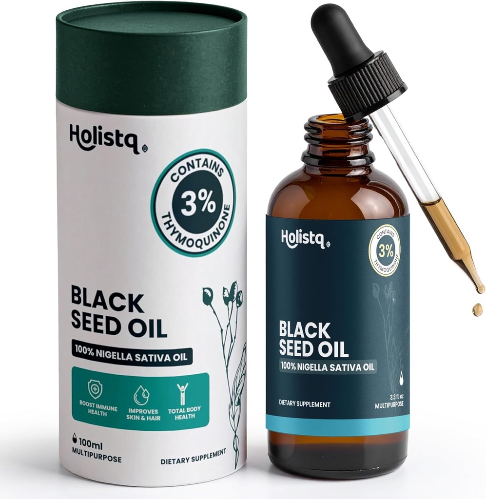 Holistiq Black Seed Oil Organic Cold Pressed Drops - 124; 3% Thymoquinone - 124; Non- GMO & Vegan - 124; Cold Pressed Black Cumin Nigella Sativa Oil for immunforsvar, Aceite de Comino Negro - Drops, 100 ml