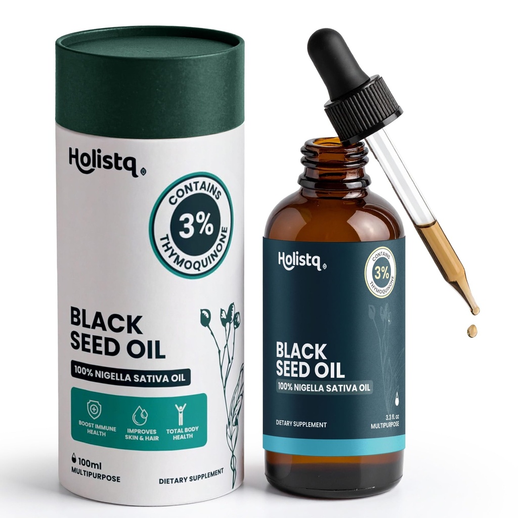 Holistiq Black Seed Oil Organic Cold Pressed Drops - 124; 3% Thymoquinone - 124; Non- GMO & Vegan - 124; Cold Pressed Black Cumin Nigella Sativa Oil for immunforsvar, Aceite de Comino Negro - Drops, 100 ml