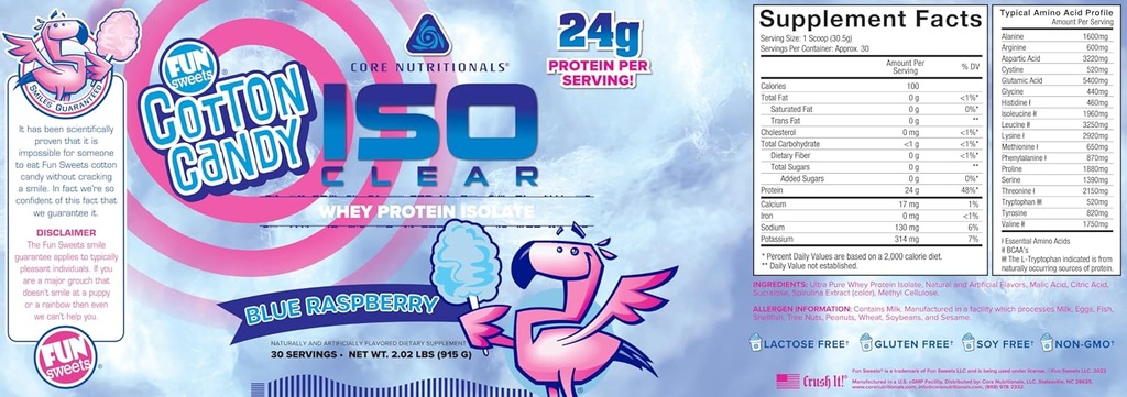 Core Nutritionals Iso Clear Whey Protein Isolate 124; Low Calorie, Carb, & Fat Measures 124; Lactose Free & Easy to Digest Measures 124; 24g Protein, Zero Sugar Measures 124; 2 Pund (Fun Sweets Blue Raspberry)