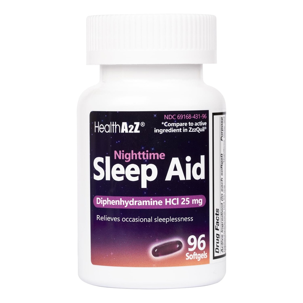 HealthA2Z Sleep Aid, Diphenhydramin HCl 25mg Softgels, Supports Deeper, Resistful Sleeping, Non Habitat-Danning (96 Softgels)